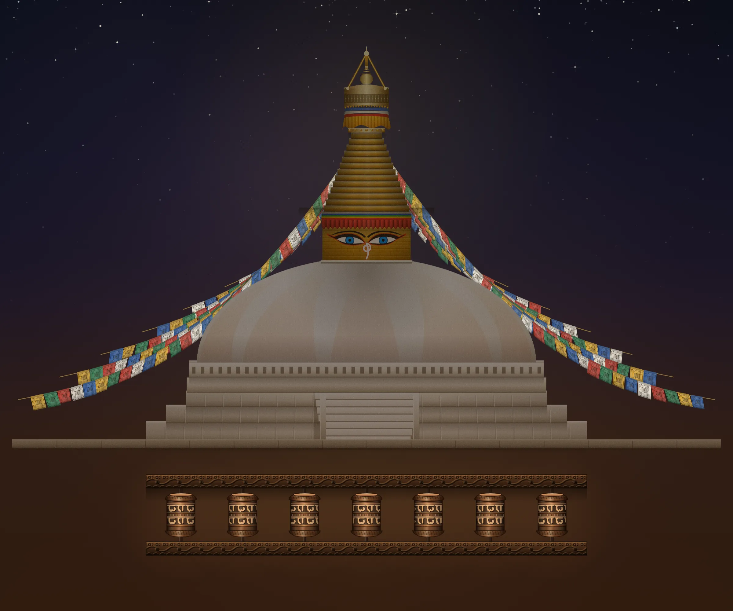 The Boudhanath stupa at night, strings of prayer flags running from its spire to the ground, a row of prayer wheels turning below.